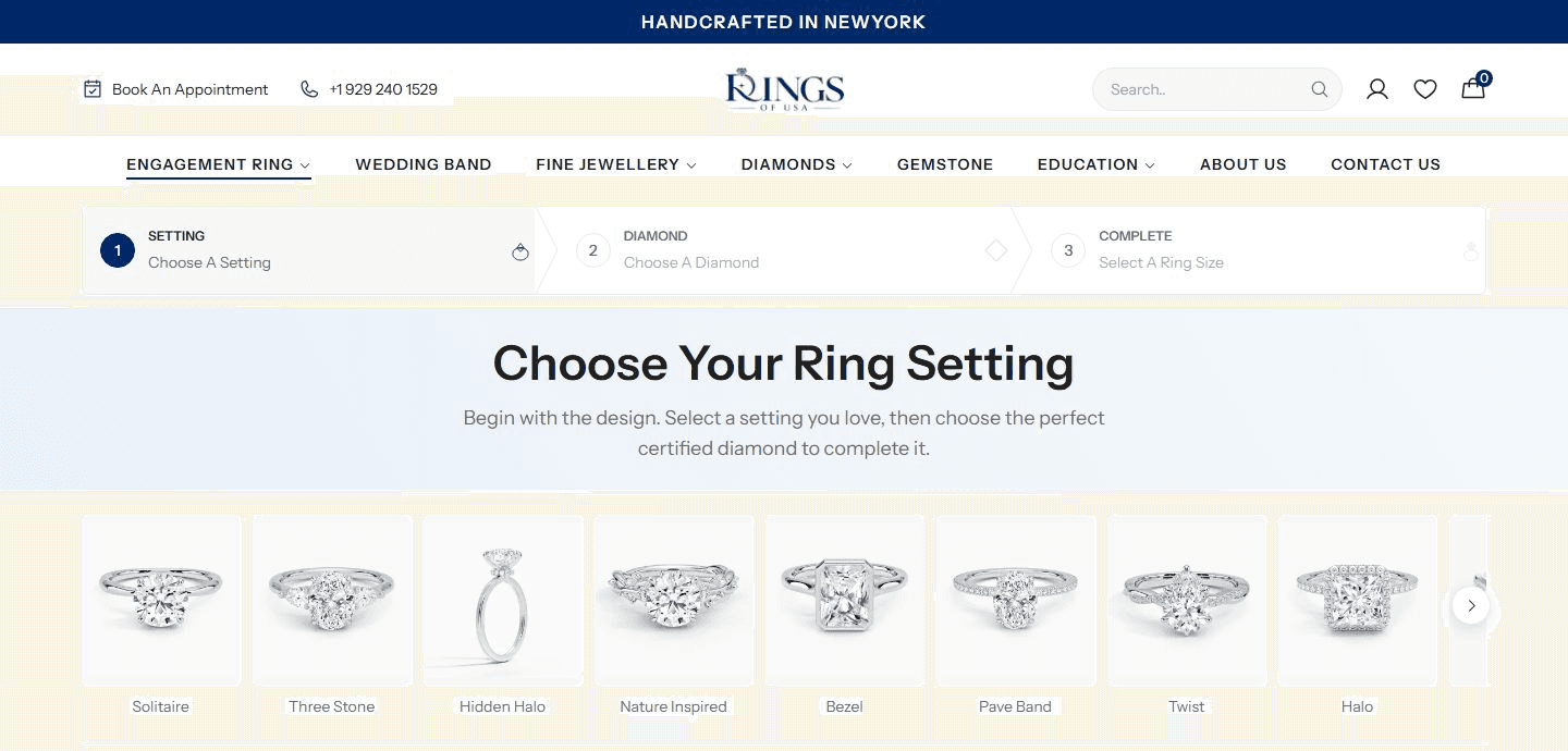 Rings of USA ring builder: choose a setting, choose a diamond, select a ring size